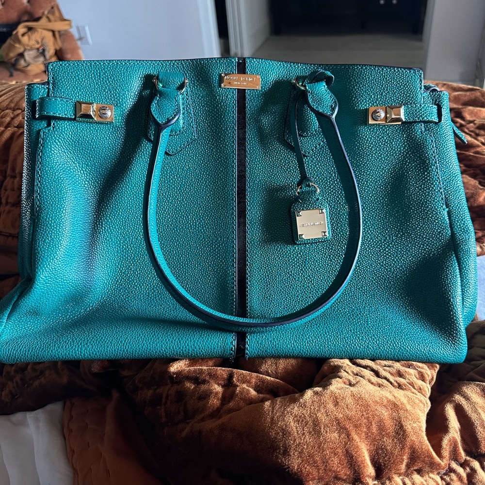 Henri Bendel Caryle Satchel- Teal Green Caviar Leather with Black Stripe
